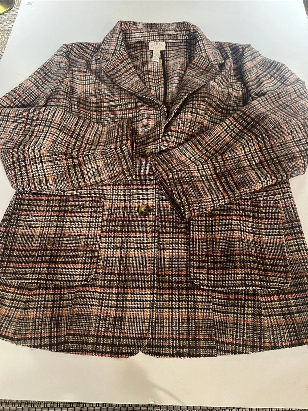St. John's Bay Plaid Pea Coat in Brown & Black Size XXL